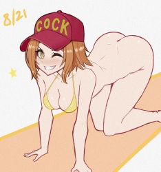 Rule 34 | 1girl, all fours, ass, bikini, bikini top only, blush, bottomless, breasts, brown eyes, brown hair, cleavage, clothes writing, collarbone, dated, grin, hat, k-on!, looking at viewer, medium breasts, one eye closed, parted bangs, parted lips, profanity, red hat, smile, solo, swimsuit, tainaka ritsu, teeth, yellow bikini, young savage