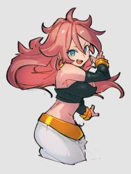 Rule 34 | 1girl, android 21, black nails, blue eyes, bracelet, breasts, cleavage, dragon ball, dragon ball fighterz, earrings, fingernails, grey background, hair between eyes, hoop earrings, jewelry, kemachiku, large breasts, long hair, looking at viewer, majin android 21, midriff, nail polish, navel, open mouth, red hair, simple background, smile, solo