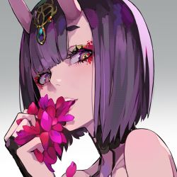 Rule 34 | 1girl, bare shoulders, blunt bangs, bob cut, collarbone, eyelashes, fate/grand order, fate (series), flower, gradient eyes, hair ornament, headpiece, highres, holding, holding flower, horns, jewelry, lam (ramdayo), lips, looking at viewer, multicolored eyes, nose, oni, open mouth, petals, pink lips, purple hair, red flower, short hair, shuten douji (fate), simple background, skin-covered horns, sleeveless, solo