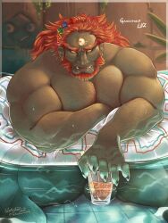 Rule 34 | 1boy, absurdres, alternate body hair, arm hair, armlet, bara, beard, biceps, black nails, chest hair, colored skin, completely nude, convenient censoring, cup, diamondwerewolf, facial hair, feet out of frame, fingernails, ganondorf, gold, green skin, hairy, highres, holding, holding cup, huge eyebrows, innertube, large pectorals, leg hair, licking lips, long hair, male focus, mature male, muscular, muscular male, nintendo, nipples, nude, orange hair, pectoral squeeze, pectorals, pool, sharp fingernails, sitting, solo, spread legs, stomach, swim ring, tattoo, testicle peek, the legend of zelda, thick arms, thick eyebrows, thick thighs, thighs, tongue, tongue out
