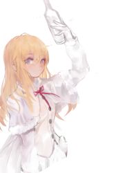 Rule 34 | 1girl, arm up, bad id, bad pixiv id, blonde hair, blue eyes, bottle, capelet, closed mouth, commentary request, dokomon, dress, fur-trimmed capelet, fur trim, girls&#039; frontline, gloves, hair between eyes, holding, holding bottle, korean commentary, long hair, long sleeves, mosin-nagant (girls&#039; frontline), neck ribbon, red ribbon, ribbon, simple background, solo, white background, white capelet, white dress, white gloves