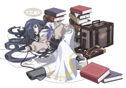 Rule 34 | 1girl, bag, black hair, blue archive, blue eyes, book, book stack, brown cardigan, cardigan, closed mouth, emblem, eyewear on head, gun, halo, headband, highres, holding hands, long hair, long skirt, looking at viewer, lying, ribbon, ribbon-trimmed skirt, ribbon trim, rifle, sailor collar, skirt, slippers, solo, toombo12, ui (blue archive), weapon