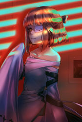Rule 34 | 1girl, absurdres, bandages, bare shoulders, bow, dress, eyepatch, forever 7th capital, hair bow, half updo, hands in opposite sleeves, highres, light rays, looking at viewer, off-shoulder dress, off shoulder, orange eyes, short hair, smile, solo, white dress, wu lun wujin, yumi (forever 7th capital)