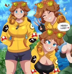 Rule 34 | 1boy, 1girl, blue eyes, blush, breasts, brooch, bullet bill, cleavage, closed eyes, day, facial hair, fire flower, gloves, grin, hat, highres, jacket, jewelry, karbuitt, large breasts, legs, looking at another, looking at viewer, luigi, mario (series), mustache, nintendo, open clothes, open jacket, princess daisy, shorts, smile, speech bubble, sunglasses on head, super mushroom, talking, thigh gap, thighs, tree