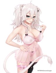 Rule 34 | 1girl, absurdres, adjusting clothes, animal ears, babydoll, bare arms, bare shoulders, black thighhighs, blush, breasts, bridal garter, cleavage, closed mouth, collarbone, cowboy shot, greatodoggo, green eyes, green hair, hair between eyes, hand on own hip, highres, hololive, large breasts, long hair, looking at viewer, nail polish, navel, nipples, panties, pink panties, see-through, shishiro botan, silver hair, simple background, single thighhigh, smile, solo, standing, tail, thighhighs, thighlet, torn clothes, torn thighhighs, twintails, underwear, virtual youtuber, white background
