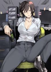 Rule 34 | 1girl, absurdres, bags under eyes, black footwear, breasts, brown eyes, brown hair, buttons, can, cleavage, collarbone, collared shirt, energy drink, grey pants, highres, indoors, kyoyakyo, large breasts, long sleeves, looking at viewer, monster energy, office, office lady, original, pants, parted lips, shirt, short hair, sitting, solo, spread legs, white shirt