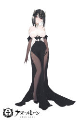 Rule 34 | 1girl, absurdres, azur lane, black dress, black footwear, black hair, breasts, brown gloves, brown pantyhose, chen hai (azur lane), chen hai (cerulean ripples) (azur lane), dress, elbow gloves, eyes visible through hair, full body, gloves, gujianshaonu, hair ornament, highres, large breasts, long dress, looking at viewer, pantyhose, parted lips, red eyes, simple background, solo, standing, white background