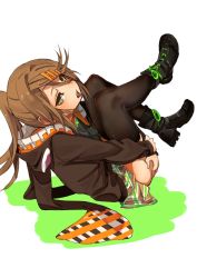 Rule 34 | 1girl, absurdres, black footwear, black thighhighs, blush, boots, brown eyes, brown hair, brown jacket, brown thighhighs, food, from behind, fu-ta, hair ornament, hairclip, highres, hood, hood down, hugging own legs, jacket, jitome, legs up, long hair, looking at viewer, looking back, open mouth, original, plaid, plaid skirt, pleated skirt, ponytail, sitting, skirt, solo, thighhighs, tongue, tongue out, usami taiga