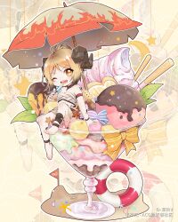 Rule 34 | 1girl, arknights, arm strap, barefoot, black horns, black wristband, bow, brown hair, candy, checkerboard cookie, chibi, cookie, demon horns, eyelashes, flame print, food, highres, holding, holding food, holding popsicle, horns, ice cream, ifrit (arknights), innertube, one eye closed, open mouth, orange bow, pocky, popsicle, sand, sitting, solo, sprinkles, striped, striped bow, sundae, swim ring, umbrella, varinr, wrapped candy, zoom layer