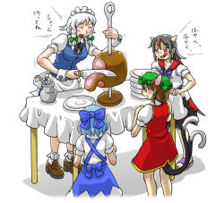 Rule 34 | 4girls, animal ears, apron, blue hair, bow, braid, brown hair, cat ears, cat tail, chen, cirno, commentary request, cone horns, cutting, food, h.dupp (nama aakiruu), hair bow, hat, horns, izayoi sakuya, kebab, kijin seija, knife, licking lips, maid, maid apron, maid headdress, multiple girls, multiple tails, plate, ribbon, simple background, table, tail, tongue, tongue out, touhou, twin braids, white hair