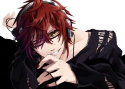 Rule 34 | 1boy, bad id, bad pixiv id, clothes, glasses, gradient hair, headphones, kyo zip, male focus, multicolored hair, nail polish, original, red hair, red nails, short hair, simple background, solo, teeth, white background, yellow eyes