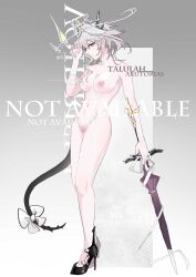 Rule 34 | 1girl, absurdres, arknights, black footwear, blur censor, bow, breasts, censored, character name, chinese commentary, commentary request, completely nude, dragon girl, dragon horns, dragon tail, from side, full body, grey hair, high heels, highres, holding, holding umbrella, horns, lineart, looking at viewer, medium breasts, medium hair, navel, nipples, nude, sideways glance, smile, solo, standing, tail, tail bow, tail ornament, talulah (arknights), umbrella, viod yuhua