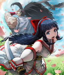 Rule 34 | 2girls, ainu clothes, arms up, black hair, blue eyes, blue hair, breasts, cherry blossoms, fighting, fingerless gloves, gloves, hair ribbon, haoumaru, highres, japanese clothes, large breasts, legs, long hair, looking at viewer, looking back, mamahaha, multiple girls, muscular, muscular male, nakoruru, open mouth, pants, ponytail, ribbon, samurai spirits, smile, snk, sword, thighs, weapon