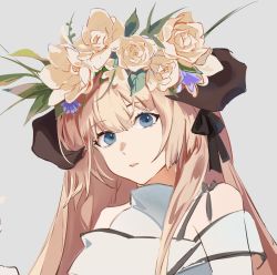 Rule 34 | 1girl, 90 (37032), arknights, bare shoulders, black ribbon, blonde hair, blue eyes, flower, hair flower, hair ornament, hair ribbon, highres, horns, long hair, looking at viewer, nightingale (arknights), parted lips, ribbon, rose, simple background, smile, solo, upper body, very long hair, white background, yellow flower, yellow rose