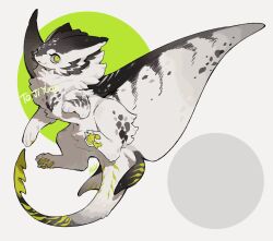 Rule 34 | animal focus, bul (moiko), commentary, commission, commissioner name, creature, fins, from side, full body, green eyes, looking at viewer, no humans, original, pawpads, simple background, slit pupils, smile, solo, symbol-only commentary, tail, two-tone background, white background, wings