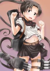 Rule 34 | 10s, 1girl, anchor, anti (untea9), ayanami (kancolle), ayanami kai ni (kancolle), belt, black skirt, blush, brown eyes, brown hair, buckle, clenched hands, cowboy shot, highres, jumping, kantai collection, looking at viewer, midriff, navel, open mouth, pink background, pleated skirt, sailor collar, school uniform, serafuku, shirt, short sleeves, side ponytail, simple background, skirt, solo, standing, white shirt