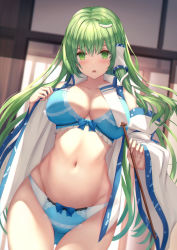 Rule 34 | 1girl, absurdres, blue bra, blue panties, blush, bow, bow bra, bow panties, bra, breasts, cleavage, collarbone, commentary request, cowboy shot, frog hair ornament, gohei, green eyes, green hair, hair ornament, hair tubes, highres, holding, indoors, kochiya sanae, large breasts, liya, long hair, long sleeves, looking at viewer, navel, open clothes, panties, parted lips, snake, solo, standing, touhou, underwear, white snake, wide sleeves