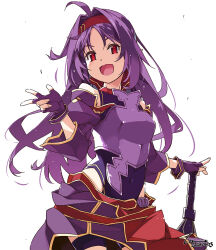 Rule 34 | 1girl, armor, covered navel, cowboy shot, detached sleeves, english text, fingerless gloves, fingernails, gloves, hair intakes, hairband, highres, leotard, light blush, long fingernails, long hair, looking at another, mixed-language commentary, planted, purple armor, purple gloves, purple hair, purple leotard, red eyes, red hairband, shikei, smile, solo, sword, sword art online, v, weapon, white background, yuuki (sao)