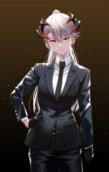Rule 34 | 1girl, alternate hairstyle, arknights, bishi (bishi), black background, black gloves, black jacket, black necktie, blazer, blouse, brown background, collared shirt, commentary request, cowboy shot, earclip, formal, gloves, gradient background, hair between eyes, hand on own hip, head tilt, highres, horns, jacket, long hair, long sleeves, looking at viewer, necktie, pant suit, pants, saria (arknights), shirt, silver hair, smile, solo, standing, suit, white shirt, yellow eyes