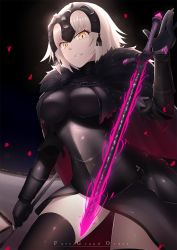 Rule 34 | 1girl, armor, blonde hair, bu li, cape, chain, contrapposto, energy, fate/grand order, fate (series), fur, jeanne d&#039;arc (fate), jeanne d&#039;arc alter (avenger) (fate), jeanne d&#039;arc alter (fate), looking down, pale skin, petals, smile, solo, standard bearer, standing, sword, thighhighs, weapon, yellow eyes