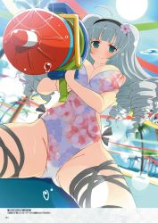 Rule 34 | 10s, 1girl, artbook, artist request, beach, breasts, curvy, ginrei (senran kagura), highres, large breasts, looking at viewer, official art, one-piece swimsuit, see-through, senran kagura, senran kagura new wave, shiny skin, silver hair, sitting, sky, solo, swimsuit, tagme