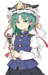 Rule 34 | 1girl, asymmetrical hair, balance scale, black hat, black skirt, blue vest, bright pupils, closed mouth, cowboy shot, epaulettes, frilled hat, frills, green eyes, green hair, half-closed eyes, hat, holding, juliet sleeves, long sleeves, looking at viewer, maguro (mawaru sushi), own hands together, puffy sleeves, rod of remorse, shiki eiki, short hair, simple background, skirt, solo, standing, touhou, v-shaped eyebrows, vest, weighing scale, white background, white pupils