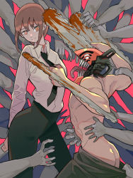 Rule 34 | 1boy, 1girl, ass, black necktie, black pants, blood, bloody weapon, chainsaw, chainsaw man, collared shirt, denji (chainsaw man), disembodied limb, highres, looking at viewer, makima (chainsaw man), medium hair, necktie, open mouth, pants, red hair, ringed eyes, sharp teeth, shirt, shirt tucked in, smile, teeth, tongue, tongue out, topless male, undressing another, weapon, white shirt, zena jin