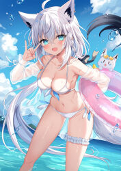 Rule 34 | 1girl, absurdres, ahoge, animal ears, armpits, bare shoulders, bikini, blue eyes, braid, breasts, bridal garter, cleavage, commentary request, day, fox ears, fox girl, fox shadow puppet, fox tail, front-tie bikini top, front-tie top, halterneck, highres, hololive, innertube, large breasts, long hair, looking at viewer, low ponytail, navel, off shoulder, open clothes, open mouth, open shirt, outdoors, retsuto, see-through, shirakami fubuki, side-tie bikini bottom, smile, solo, standing, stomach, string bikini, sukonbu (shirakami fubuki), swim ring, swimsuit, tail, thighs, very long hair, virtual youtuber, wading, water, wet, white bikini, white hair