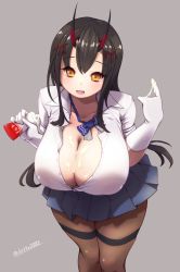 1girl :d azur_lane black_hair blue_bow blue_skirt bow breasts brown_pantyhose buttons cleavage collarbone collared_shirt covered_erect_nipples deto dress_shirt gloves highres holding horns huge_breasts long_hair looking_at_viewer lotion miniskirt open_mouth orange_eyes pantyhose partially_unbuttoned pleated_skirt sexually_suggestive shirt skirt smile solo suggestive_fluid suzuya_(azur_lane) thigh_strap twitter_username unbuttoned unbuttoned_shirt white_gloves white_shirt