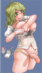 Rule 34 | breasts, broom, clothes pull, dream, frogsnake, futanari, green hair, hat, highres, kirisame marisa, large breasts, large penis, multiple girls, open mouth, penis, shirt pull, tail, thong, touhou