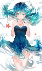 Rule 34 | 1girl, a maru, absurdres, ahoge, artist name, blue dress, blue eyes, blue hair, breasts, closed mouth, commentary, cowboy shot, cropped legs, dress, fingers together, floating hair, hair between eyes, hands up, highres, liquid clothes, liquid hair, long hair, looking at viewer, medium breasts, original, sleeveless, sleeveless dress, smile, solo, standing, steepled fingers, thigh gap, white background