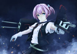 Rule 34 | 10s, 1girl, aiming, blue eyes, collared shirt, gloves, hair ornament, infinote, kantai collection, looking at viewer, outstretched arms, personification, pink hair, ponytail, school uniform, shiranui (kancolle), shirt, short hair, short sleeves, skirt, solo, spread arms, white gloves