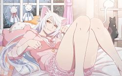 Rule 34 | 1girl, animal, animal ears, artist request, black hanekawa, breasts, cat, cat ears, cat girl, closed mouth, hanekawa tsubasa, indoors, large breasts, legs, long hair, looking at viewer, lying, monogatari (series), official art, on back, on bed, paw pose, pillow, rain, slit pupils, smile, solo, source request, teruterubouzu, thighs, very long hair, white hair, yellow eyes