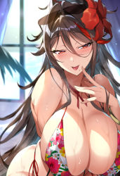 Rule 34 | 1girl, akane (dungeon busters), bare shoulders, bikini, bikini top only, blush, breasts, brown hair, cleavage, commentary request, dungeon busters, floral print, flower, hair flower, hair ornament, hand up, hibiscus, large breasts, long hair, looking at viewer, mole, mole under mouth, red eyes, seductive smile, senri gan, simple background, smile, solo, sweat, sweatdrop, swimsuit, tongue, tongue out, white background