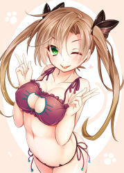 Rule 34 | 10s, 1girl, ;p, absurdres, akigumo (kancolle), alternate breast size, alternate hairstyle, arched back, bare shoulders, blush, bra, breasts, brown hair, cat cutout, cat ear panties, cat lingerie, cleavage, cleavage cutout, clothing cutout, collarbone, green eyes, hair ribbon, heart, highres, kantai collection, long hair, looking at viewer, meme attire, mole, mole under eye, navel, one eye closed, panties, paw print, revision, ribbon, side-tie panties, smile, solo, tongue, tongue out, twintails, underwear, underwear only, v, wakagi repa