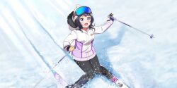 Rule 34 | 1girl, absurdres, asaka karin, black hair, blue eyes, blunt bangs, blush, from above, full body, fur-trimmed hood, fur trim, gloves, goggles, goggles on head, hat, highres, holding ski pole, hood, hood down, jacket, long hair, love live!, love live! nijigasaki high school idol club, love live! school idol festival all stars, official art, open mouth, outdoors, pom pom (clothes), ski gear, ski goggles, ski pole, skiing, skis, snow, solo, sparkle, winter