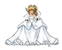 Rule 34 | 1girl, blonde hair, bowsette, bracelet, breasts, clothes lift, collarbone, commentary, dated, dress, dress lift, earrings, grin, horns, ian samson, jewelry, large breasts, long dress, long hair, long neck, looking at viewer, mario (series), new super mario bros. u deluxe, nintendo, one eye closed, ponytail, red eyes, signature, smile, solo, spiked bracelet, spikes, strapless, strapless dress, super crown, super mario odyssey, wedding dress, white background, white dress