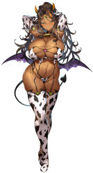 Rule 34 | 1girl, absurdres, animal print, armpits, arms behind head, arms up, bell, blush, boots, breasts, brown hair, cleavage, commentary request, cow print, cow print bikini, dark-skinned female, dark skin, demon girl, demon horns, demon tail, elbow gloves, full body, garter straps, gloves, green eyes, highleg, highleg panties, highres, horns, huge breasts, jewelry, large breasts, lips, long hair, looking at viewer, low wings, mole, mole on breast, mole under mouth, multicolored hair, navel, neck bell, orange hair, original, panties, ponytail, print bikini, revealing clothes, seductive smile, senri gan, shiny skin, simple background, smile, stomach, sweat, sweatdrop, tail, thigh boots, thighs, tiara, two-tone hair, underwear, wings