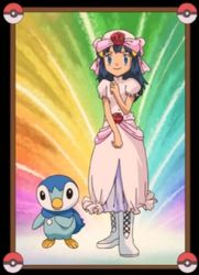Rule 34 | 1girl, blue eyes, blue hair, creatures (company), dawn (pokemon), dress, flower, game freak, gen 4 pokemon, hair ornament, hairclip, hat, lowres, nintendo, piplup, pokemon, pokemon (anime), pokemon (creature), rose