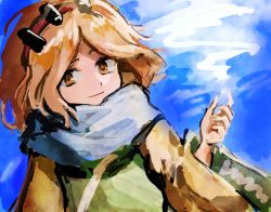 Rule 34 | 1other, androgynous, blue scarf, blue sky, closed mouth, commentary request, eyebrows hidden by hair, hairband, hand up, hemo (hemoroda), japanese clothes, len&#039;en, len'en, long sleeves, orange eyes, orange hair, reactivate majestical imperial, red hairband, scarf, sky, smile, solo, zuifeng tenkai