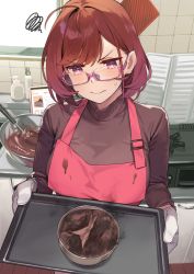 Rule 34 | 1girl, 92m, ahoge, apron, breasts, brown sweater, burnt, closed mouth, glasses, gloves, highres, holding, holding tray, kinshi no ane (92m), large breasts, original, pink eyes, red hair, short hair, solo, sweater, tray, turtleneck, turtleneck sweater, upper body, v-shaped eyebrows, wavy mouth