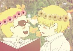Rule 34 | 2boys, blonde hair, book, brothers, corazon, donquixote doflamingo, donquixote rocinante, flower, hair over eyes, honeydrop616, multiple boys, one piece, shirt, siblings, sunglasses, white shirt, wreath, aged down