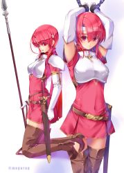 Rule 34 | 1girl, armor, arms up, boots, breastplate, brown footwear, chain, closed mouth, covered navel, dress, elbow gloves, est (fire emblem), fire emblem, fire emblem: mystery of the emblem, full body, gloves, hair between eyes, headband, highres, holding, holding polearm, holding weapon, kirishima satoshi, long hair, looking at viewer, nintendo, open mouth, pink dress, pink hair, polearm, red eyes, restrained, sheath, sheathed, short dress, short sleeves, shoulder armor, solo, sword, thigh boots, thighhighs, twitter username, weapon, white background, white gloves, white headband, zettai ryouiki