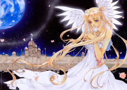 Rule 34 | 1990s (style), 1girl, bishoujo senshi sailor moon, blonde hair, blue eyes, castle, crescent, crescent facial mark, dress, earth (planet), facial mark, floating hair, flower, hand on own chest, highres, long hair, marker (medium), night, night sky, petals, pink flower, pink rose, planet, princess serenity, retro artstyle, rose, rose petals, ryoko-san18, ryoko-san (laura), sky, solo, traditional media, tsukino usagi, twintails, watermark, white dress, wind, wings
