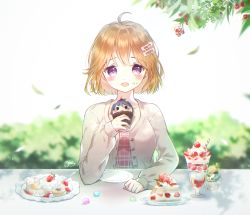 Rule 34 | 1girl, ahoge, blurry, blurry background, blush, breasts, brown hair, brown shirt, cake, cake slice, commission, cupcake, danby merong, depth of field, falling leaves, food, food on face, fruit, grey jacket, hair between eyes, hair ornament, hairclip, highres, holding, holding food, jacket, leaf, looking at viewer, medium breasts, open clothes, open jacket, open mouth, original, pancake, parfait, plaid, plaid shirt, plate, purple eyes, shirt, signature, solo, souffle pancake, spoon, spring (season), strawberry, strawberry shortcake, upper body, wafer stick, white background