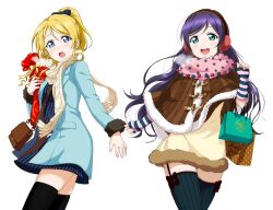 Rule 34 | 10s, 2girls, :d, :o, arm warmers, ayase eli, bag, black legwear, blonde hair, blue eyes, blush, bow, capelet, clothes grab, couple, dress, earmuffs, fur trim, garter straps, gift, gift bag, green eyes, hair bow, handbag, holding, holding bag, holding gift, jacket, long hair, long sleeves, love live!, love live! school idol festival, love live! school idol project, multiple girls, official art, open clothes, open jacket, open mouth, ponytail, purple hair, scarf, shopping bag, short hair, sleeve grab, smile, star (symbol), star print, striped clothes, striped dress, thighhighs, third-party edit, tojo nozomi, transparent background, white background