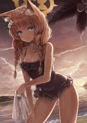Rule 34 | 1girl, absurdres, animal ear fluff, animal ears, black one-piece swimsuit, blue archive, blue eyes, braid, breasts, cleavage, closed mouth, cloud, commentary request, flower, hair flower, hair ornament, halo, highres, long hair, looking at viewer, mari (blue archive), mari (swimsuit) (blue archive), medium breasts, ocean, official alternate costume, one-piece swimsuit, orange hair, osom9525, outdoors, palm tree, sky, smile, solo, standing, swimsuit, thighs, tree, twin braids, wet, white flower, yellow halo