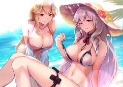 Rule 34 | 2girls, algerie (azur lane), algerie (white sand paradise) (azur lane), azur lane, bare shoulders, bikini, blonde hair, breasts, cleavage, coat, collarbone, commentary request, covered erect nipples, detached collar, drill hair, drill sidelocks, flower, frilled swimsuit, frills, groin, hair between eyes, hat, hat flower, highleg, highleg swimsuit, highres, holster, large breasts, leaning forward, lens flare, long hair, looking at viewer, midriff, mole, mole on breast, mole under eye, multi-strapped bikini, multicolored coat, multiple girls, multiple straps, navel, neck ribbon, ocean, one-piece swimsuit, parted lips, pink eyes, pink one-piece swimsuit, purple eyes, red eyes, red neckwear, ribbon, richelieu (azur lane), richelieu (fleuron of the waves) (azur lane), sidelocks, silver hair, sitting, smile, standing, strap pull, straw hat, sun hat, sunlight, suzuya (maru), swimsuit, thigh holster, two-tone bikini, two-tone coat, white bikini