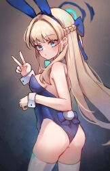 Rule 34 | 1girl, animal ears, bare shoulders, blonde hair, blue archive, blue bow, blue eyes, blue hair, blue leotard, bow, braid, breasts, closed mouth, commentary, earrings, fake animal ears, fake tail, hair bow, halo, highres, jewelry, leotard, long hair, looking at viewer, looking to the side, medium breasts, miya (miyaruta), multicolored hair, official alternate costume, playboy bunny, rabbit ears, rabbit tail, solo, strapless, strapless leotard, streaked hair, stud earrings, tail, toki (blue archive), toki (bunny) (blue archive), very long hair, white wrist cuffs, wrist cuffs