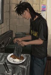Rule 34 | 1boy, absurdres, bag, black hair, black shirt, closed mouth, commentary request, cooking pot, curry, curry rice, facial scar, food, fukumoto nobuyuki (style), highres, holding, holding bag, indoors, itou kaiji, kaiji, kitchen, long hair, looking down, male focus, medium bangs, minahamu, official style, parody, plate, rice, scar, scar on cheek, scar on face, scar on hand, shirt, sink, solo, style parody, t-shirt, the high-lows, upper body
